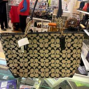 Coach Legacy Weekend Signature Shopper Tote Bag Khaki Black Canvas